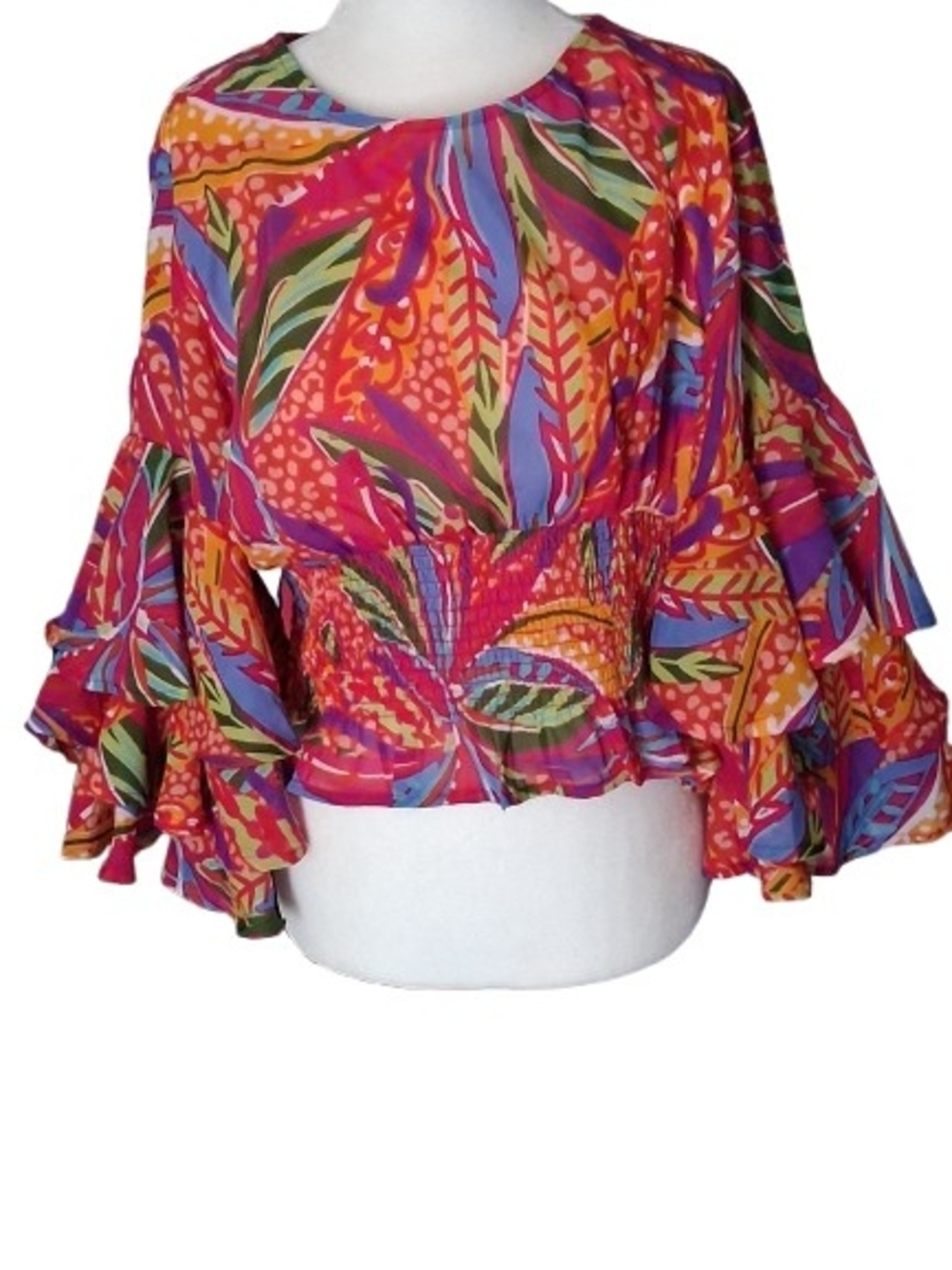 NWT True Destiny Multicolor Tropical Print Ruffle Sleeve Top, LARGE
